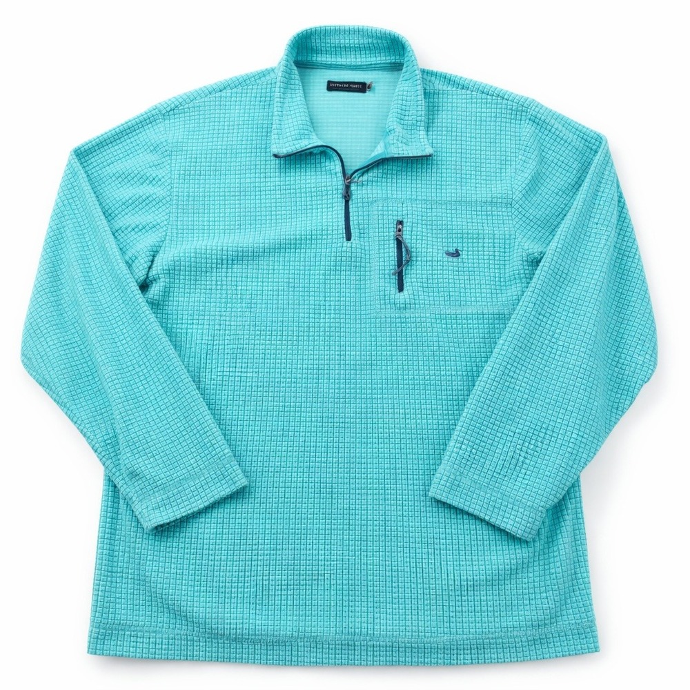 Southern Marsh FieldTec 1/4 Zip Pullover‎ Mens S Teal Grid Fleece Preppy Coastal